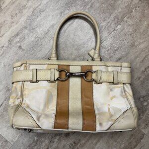 COACH Cream Fabric/Canvas & Tan Leather Signature C Tote Purse Handbag